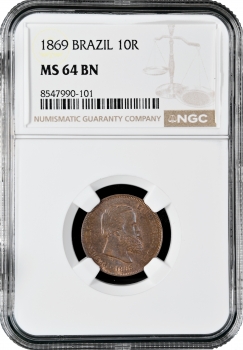 Бразилия 10 рейсов 1869 г., NGC MS64 BN, "Император Педро II (1831 - 1889)"