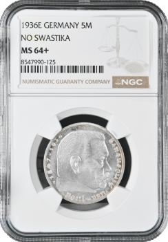 Німеччина 5 рейхсмарок 1936 р. E, NGC MS64+, "Нацистська Німеччина (1933 - 1945)" Top Pop 1/0