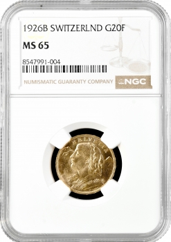 Швейцария 20 франков 1926 г. B, NGC MS65, "Швейцарская Конфедерация (1917 - 1967)"