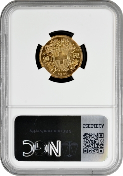 Швейцария 20 франков 1926 г. B, NGC MS65, "Швейцарская Конфедерация (1917 - 1967)"