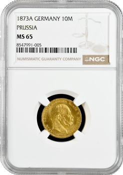 Пруссия 10 марок 1873 г. A, NGC MS65, "Король Вильгельм I (1861 - 1888)"