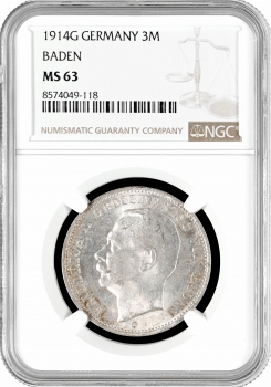 Баден 3 марки 1914 G, NGC MS63, "Великий герцог Фрідріх II (1907 - 1918)"