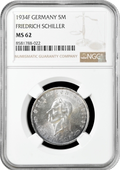 Германия - Третий рейх 5 рейхсмарок 1934 г. F, NGC MS62, "Фридрих Шиллер"