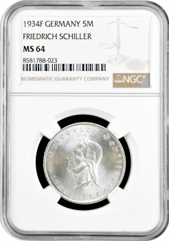 Германия - Третий рейх 5 рейхсмарок 1934 г. F, NGC MS64, "Фридрих Шиллер"