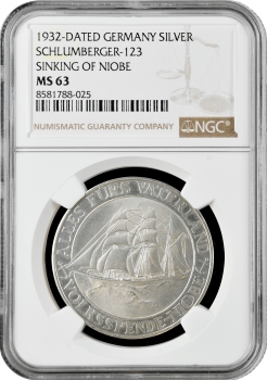Веймарская Республика Медаль 1932 г., NGC MS63, "Затопление учебного корабля «Ниобе»"