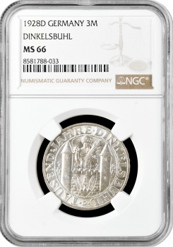 Веймарская Республика 3 рейхсмарки 1928 г., NGC MS66, "1000 лет Динкельсбюлю"