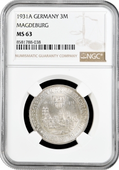 Веймарская Республика 3 рейхсмарки 1931 г. A, NGC MS63, "300-я годовщина разорения Магдебурга"