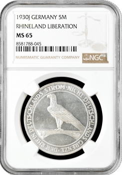 Веймарская Республика 5 рейхсмарок 1930 г. J, NGC MS65, "Освобождение Рейнской области (Рейнланда)"