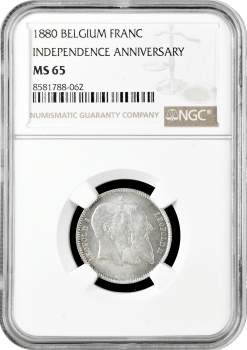 Бельгия 1 франк 1880 г., NGC MS65, "50 лет независимости"