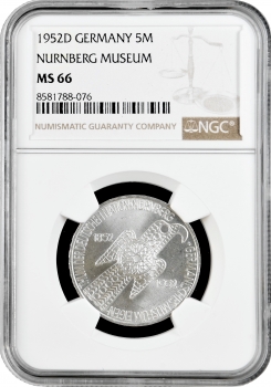 Германия - ФРГ 5 марок 1952 г., NGC MS66, "100 лет Нюрнбергскому музею"