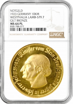 Вестфалия 10000 марок 1923 г., NGC MS64 PL NOTGELT, "Фрайгерр фон Штейн" Pop 1/1