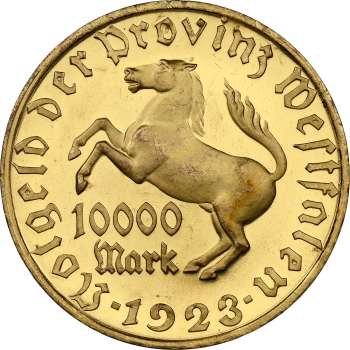 Вестфалия 10000 марок 1923 г., NGC MS64 PL NOTGELT, "Фрайгерр фон Штейн" Pop 1/1