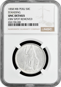 Перу 50 сентимо 1858 г., NGC UNC Det., "Республика Перу (1825 - 1862)"