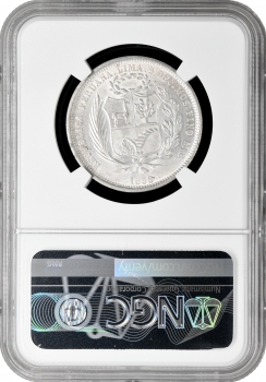 Перу 50 сентимо 1858 г., NGC UNC Det., "Республика Перу (1825 - 1862)"
