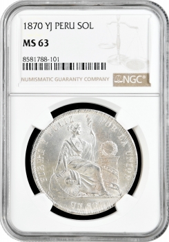 Перу 1 соль 1870 г. YJ, NGC MS63, "Республика Перу (1863 - 1917)"