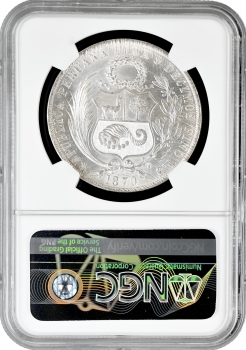 Перу 1 соль 1870 г. YJ, NGC MS63, "Республика Перу (1863 - 1917)"