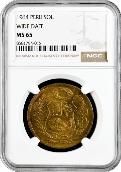 Перу 1 соль 1964 р., NGC MS65 WIDE DATE, "Республіка Перу (1918 - 1985)" Top Pop 1/0