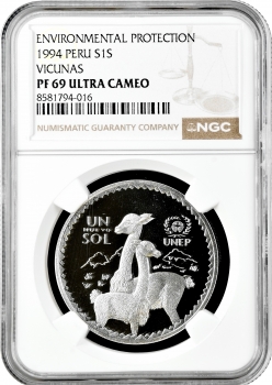 Перу 1 соль 1994 р., NGC PF69 UC, "Захист навколишнього середовища - Вікуні" Top Pop 2/0