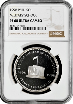 Перу 1 соль 1998 р., NGC PF68 UC, "100 років військовому училищу Чорильос" Top Pop 1/0