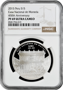 Перу 1 соль 2015 р., NGC PF69 UC, "450 років національному монетному двору" Top Pop