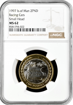 Острів Мен 2 фунти 1997 PM AA, NGC MS62, "Гоночні автомобілі, мала голова" Bi-Me