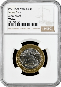 Острів Мен 2 фунти 1997 PM AA, NGC MS62, "Гоночні автомобілі, велика голова" Bi-Me