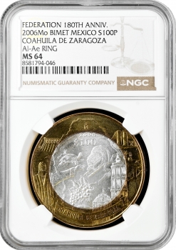 Мексика 100 песо 2006 р., NGC MS64, "180 років Федерації - Коауїла"
