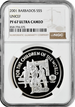 Барбадос 5 доларів 2001 р., NGC PF67 UC, "ЮНІСЕФ - Для дітей світу"