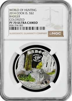 Острови Кука 2 долари 2014 р., NGC PF70 UC, "Світ полювання - Барсук" Top Pop