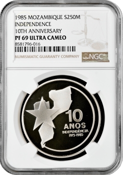 Мозамбик 250 метикалов 1985 г., NGC PF69 UC, "10 лет Независимости" Top Pop