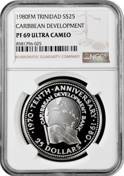 Тринидад и Тобаго 25 долларов 1980 г. FM, NGC PF69 UC, "10 лет Карибскому банку развития"