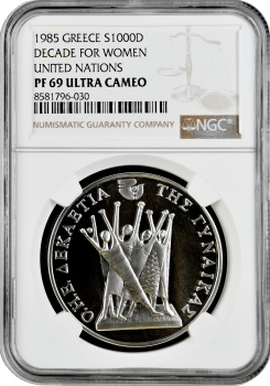 Греция 1000 драхм 1985 г., NGC PF69 UC, "Десятилетие женщин ООН"