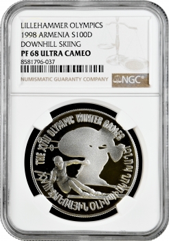 Армения 100 драмов 1998 г., NGC PF68 UC, "Зимние Олимпийские Игры, Нагано" Pop 1/1