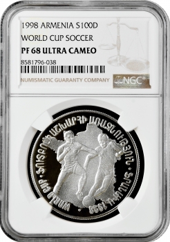Армения 100 драмов 1998 г., NGC PF68 UC, "Чемпионат мира по футболу 1998" Pop 1/2