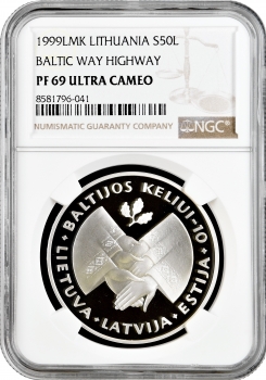 Литва 50 лит 1999 г. LMK, NGC PF69 UC, "10 лет Балтийскому пути"