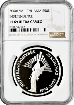 Литва 50 лит 2000 г. LMK, NGC PF69 UC, "10 лет Независимости" Top Pop