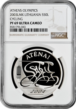 Литва 50 лит 2003 г. LMK, NGC PF69 UC, "XXVIII летние Олимпийские Игры, Афины"