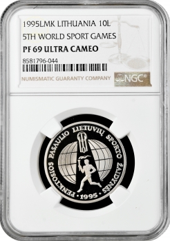 Литва 10 лит 1995 г. LMK, NGC PF69 UC, "5-е всемирные спортивные игры литовцев" Top Pop