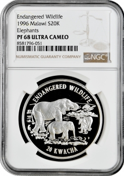 Малаві 20 квач 1996 р., NGC PF68 UC, "Вимираючі види - Слон"