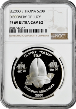 Ефіопія 20 бирів EE 2000 (2008 р.), NGC PF69 UC, "Нове ефіопське тисячоліття - Люсі /скелет/"