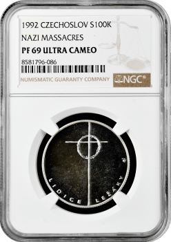 Чехословаччина 100 крон 1992 р., NGC PF69 UC, "Лідіце" та "Лежаки" Top Pop