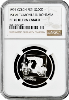 Чехія 200 крон 1997 р., NGC PF70 UC, "100 років першому автомобілю в Богемії" Top Pop 1/0