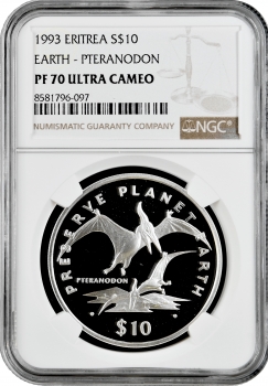 Еритрея 10 доларів 1993 р., NGC PF70 UC, "Бережіть планету Земля - ​​Птеранодон" Pop 1/0