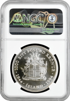 Ісландія 1000 крон 1994 р., NGC MS69, "Свейдн Бйорнссон, перший Президент Ісландії"