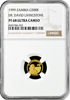 Замбия 500 квач 1999 г., NGC PF68 UC, "Давид Ливингстон"