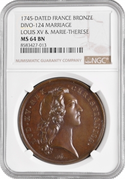 Франція бронзова медаль 1745 р., NGC MS64 BN, "Шлюб Людовика XV з Марією Терезією" Top Pop