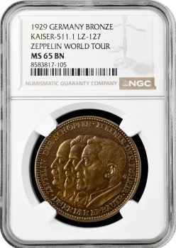 Веймарська Республіка бронзова медаль 1929 р., NGC MS65 BN, "Світове турне Цепеліна"