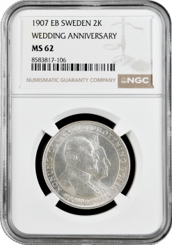 Швеція 2 крони 1907 р. EB, NGC MS62, "50 років весілля Короля Оскара II та Леді Софії"