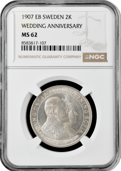 Швеція 2 крони 1907 р. EB, NGC MS62, "50 років весілля Короля Оскара II та Л