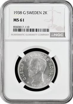 Швеція 2 крони 1938 G, NGC MS61, "Король Густав V (1908 - 1950)"